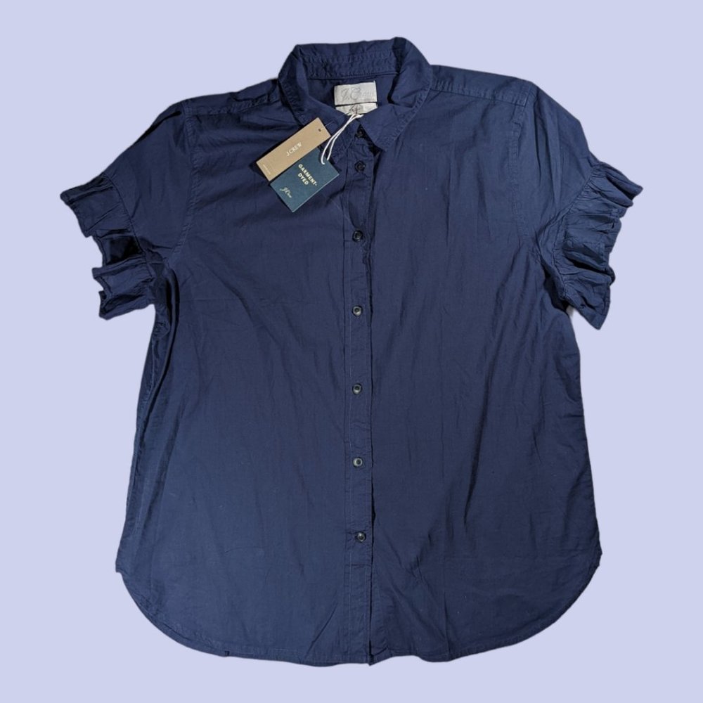 J. Crew | NWT Cute Women's Cotton Button Front Short Sleeve Blouse Navy Size 12